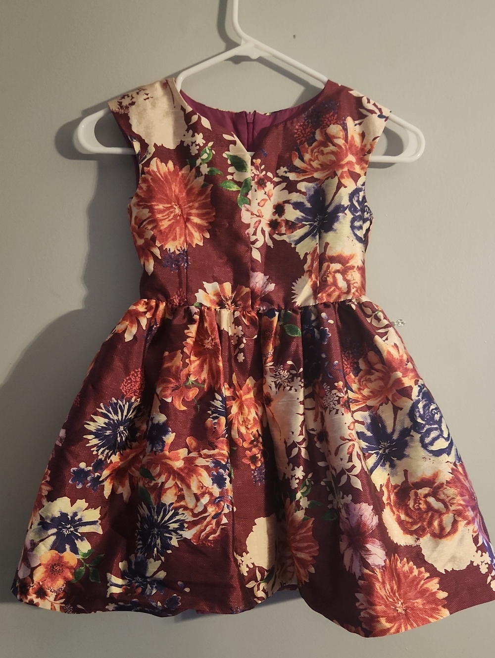 Pippa & Julie Burgundy Floral Party Dress with Cream, Orange & Blue Blooms